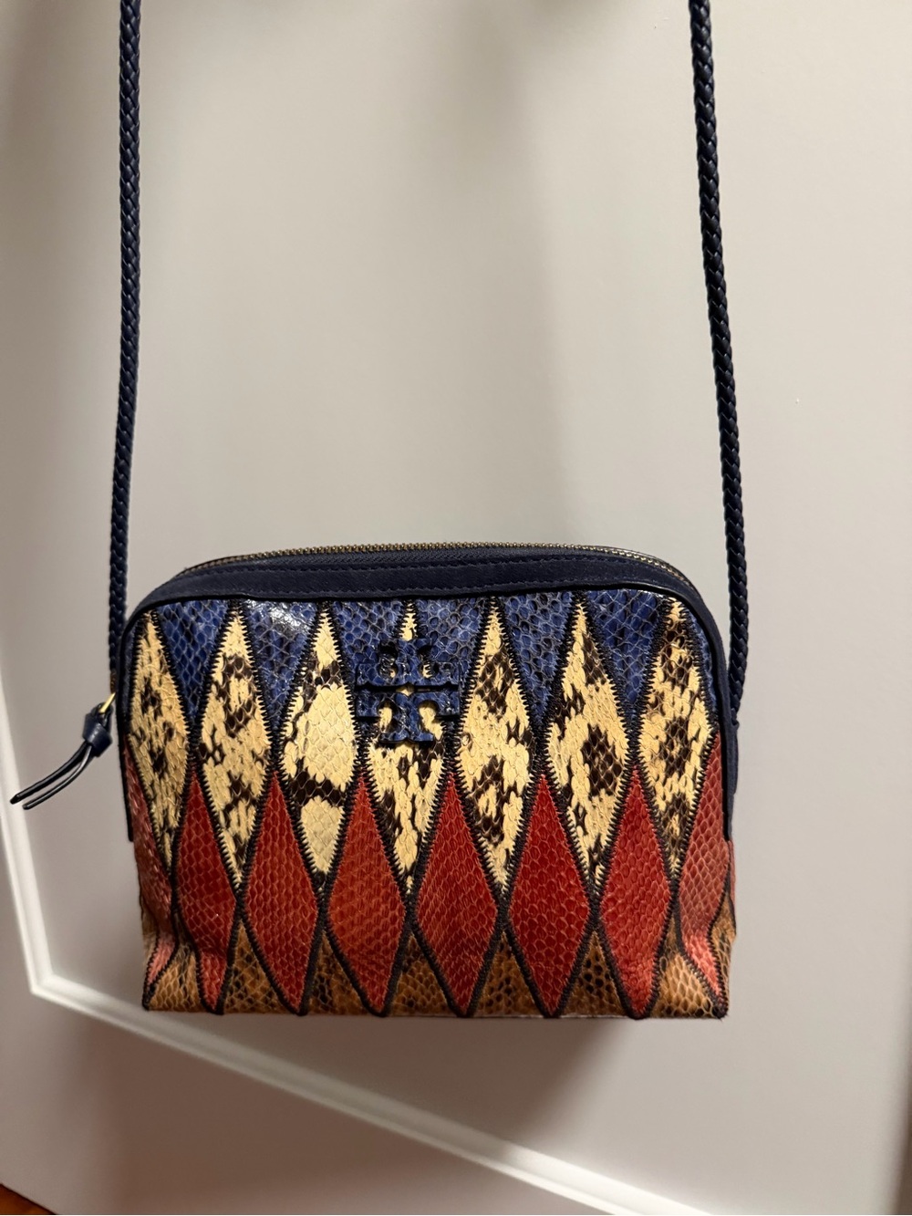Tory Burch Navy, Red & Cream Diamond-Pattern Crossbody